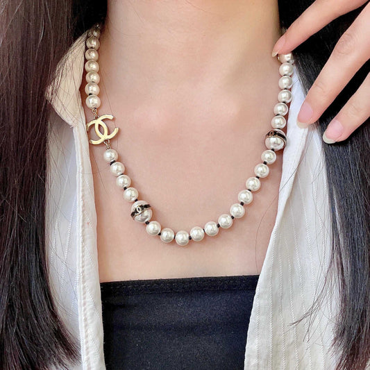 Double-C Emblem Pearl-Detail Pendant Necklace – Pearl Detail – Design 079 main product view