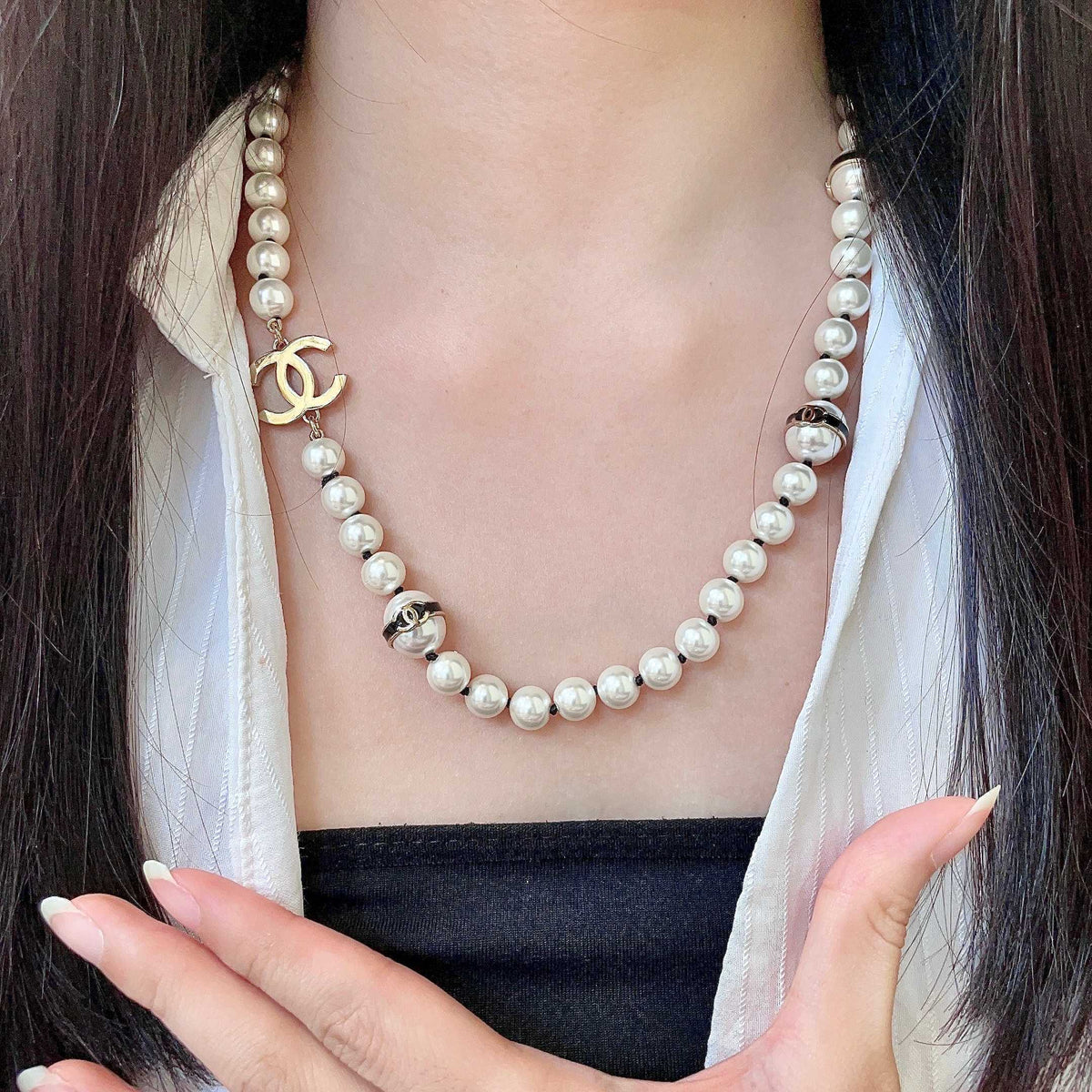 Double-C Emblem Pearl-Detail Pendant Necklace – Pearl Detail – Design 122 front product view