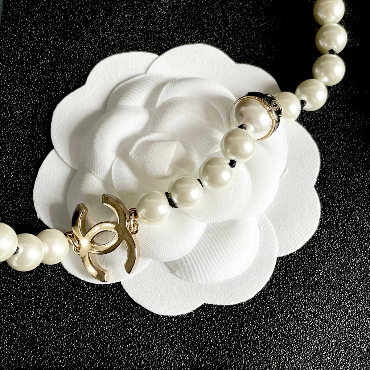 Double-C Emblem Pearl-Detail Pendant Necklace – Pearl Detail – Design 079 front product view