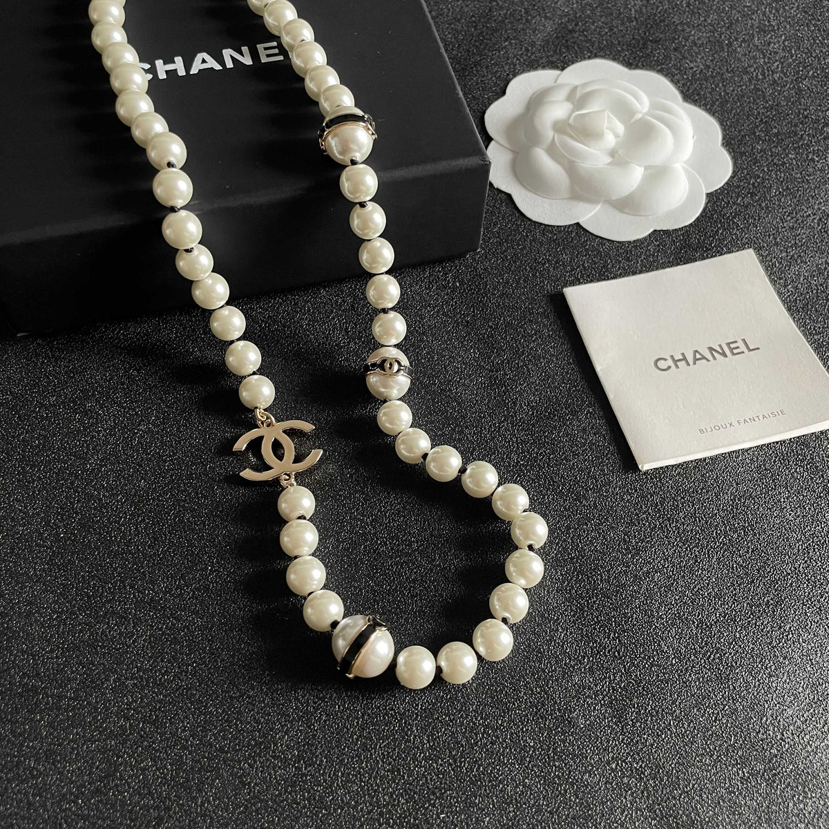 Double-C Emblem Pearl-Detail Pendant Necklace – Pearl Detail – Design 079 styled product view