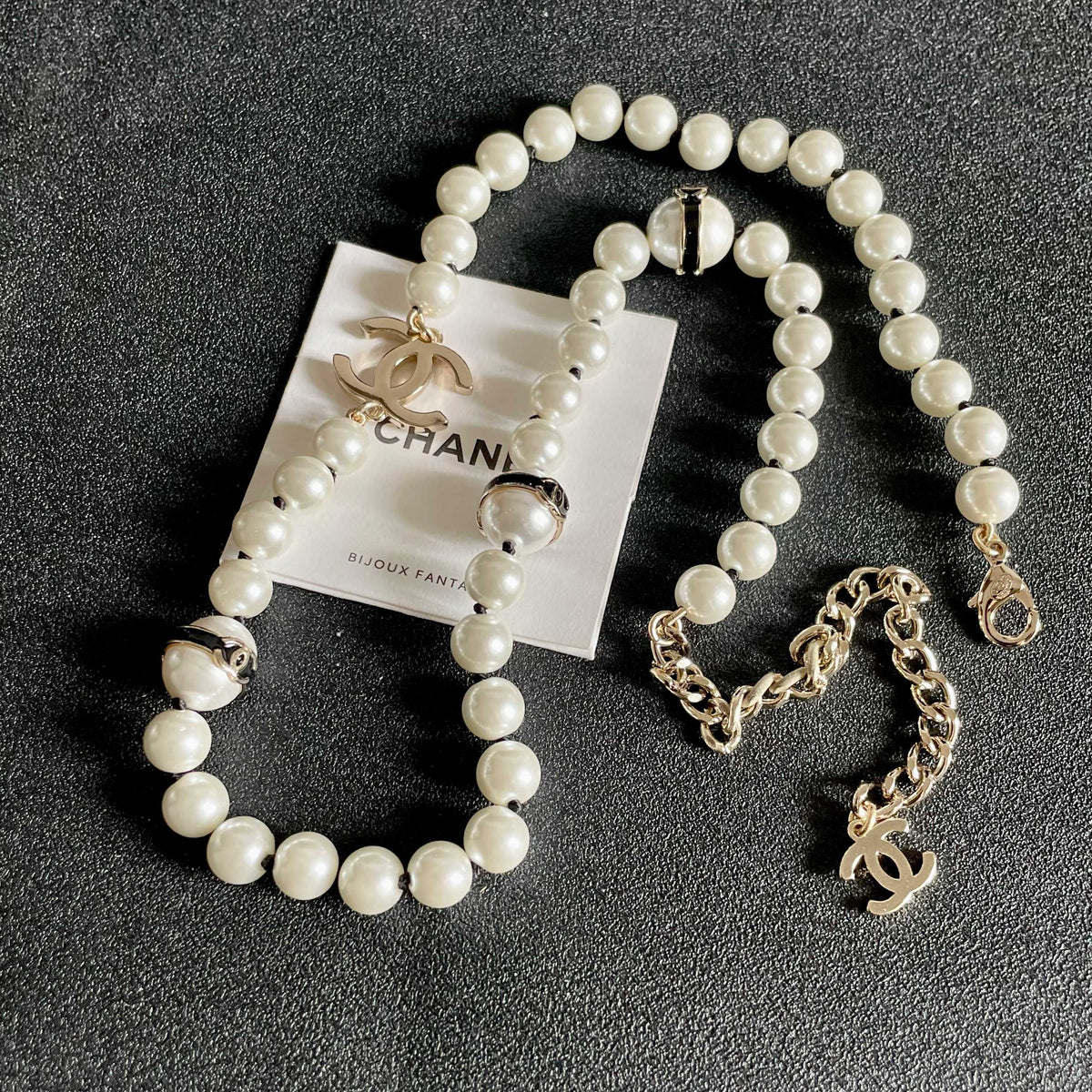 Double-C Emblem Pearl-Detail Pendant Necklace – Pearl Detail – Design 079 detail view