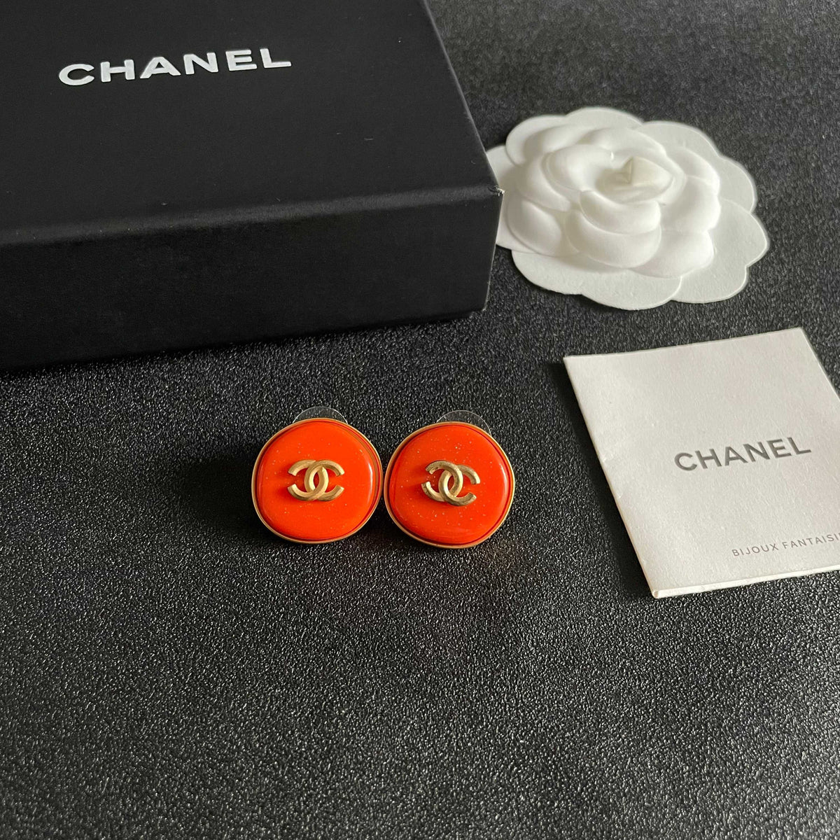 Double-C Emblem Stud Earrings in Polished Metal-Tone – Design 305 styled product view