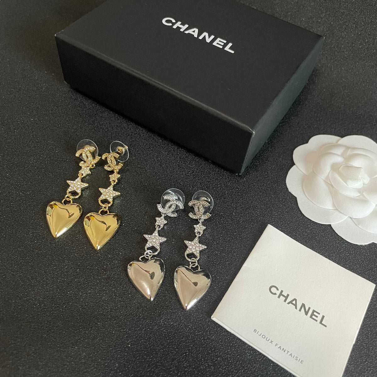 Double-C Emblem Statement Earrings in Polished Metal-Tone – Heart Detail – Design 003 side detail