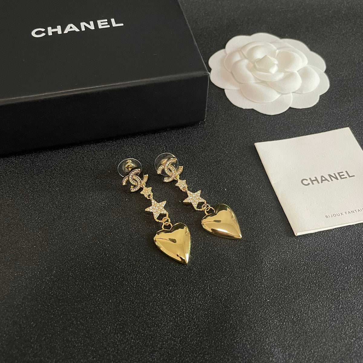 Double-C Emblem Statement Earrings in Polished Metal-Tone – Heart Detail – Design 003 styled product view
