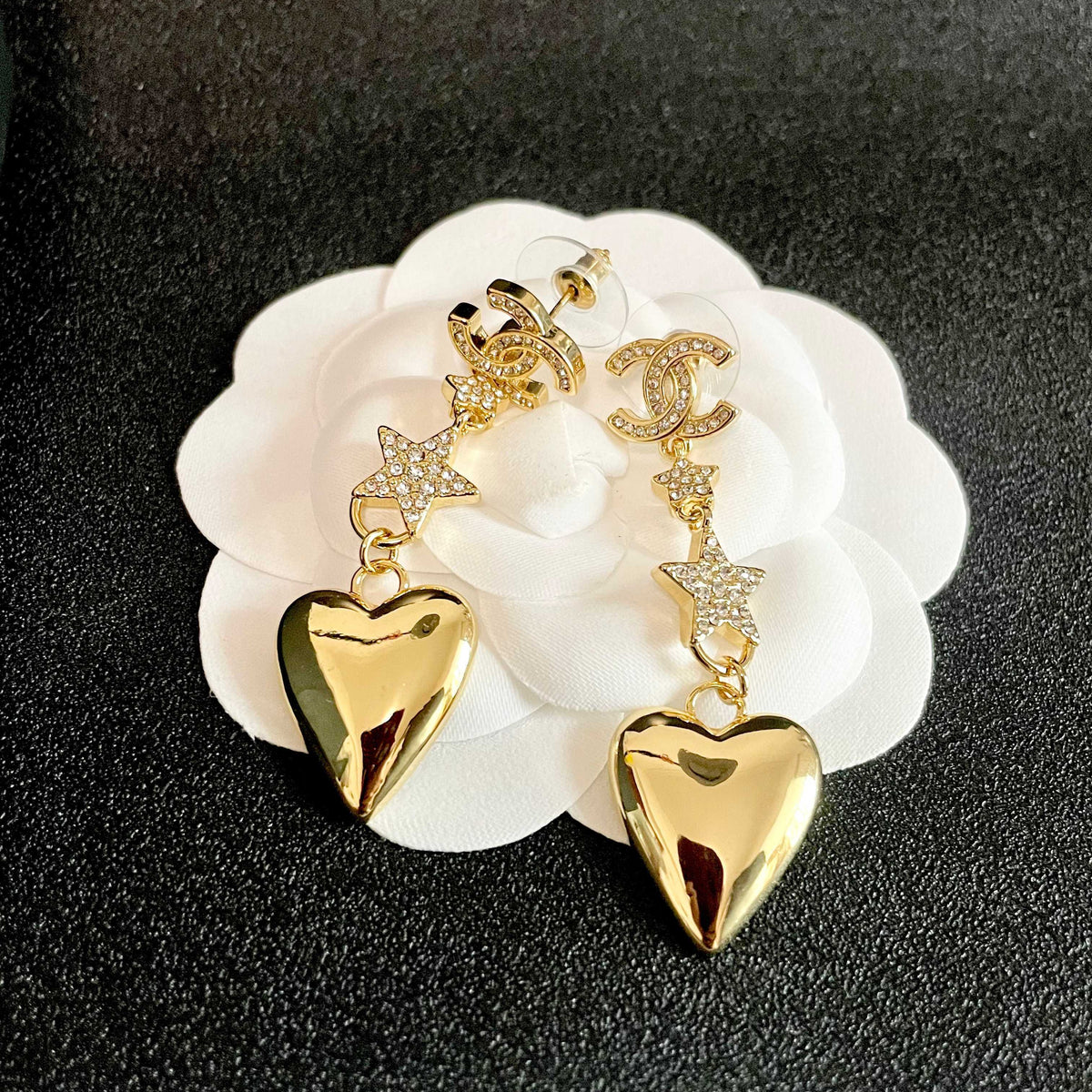 Double-C Emblem Statement Earrings in Polished Metal-Tone – Heart Detail – Design 006 front product view