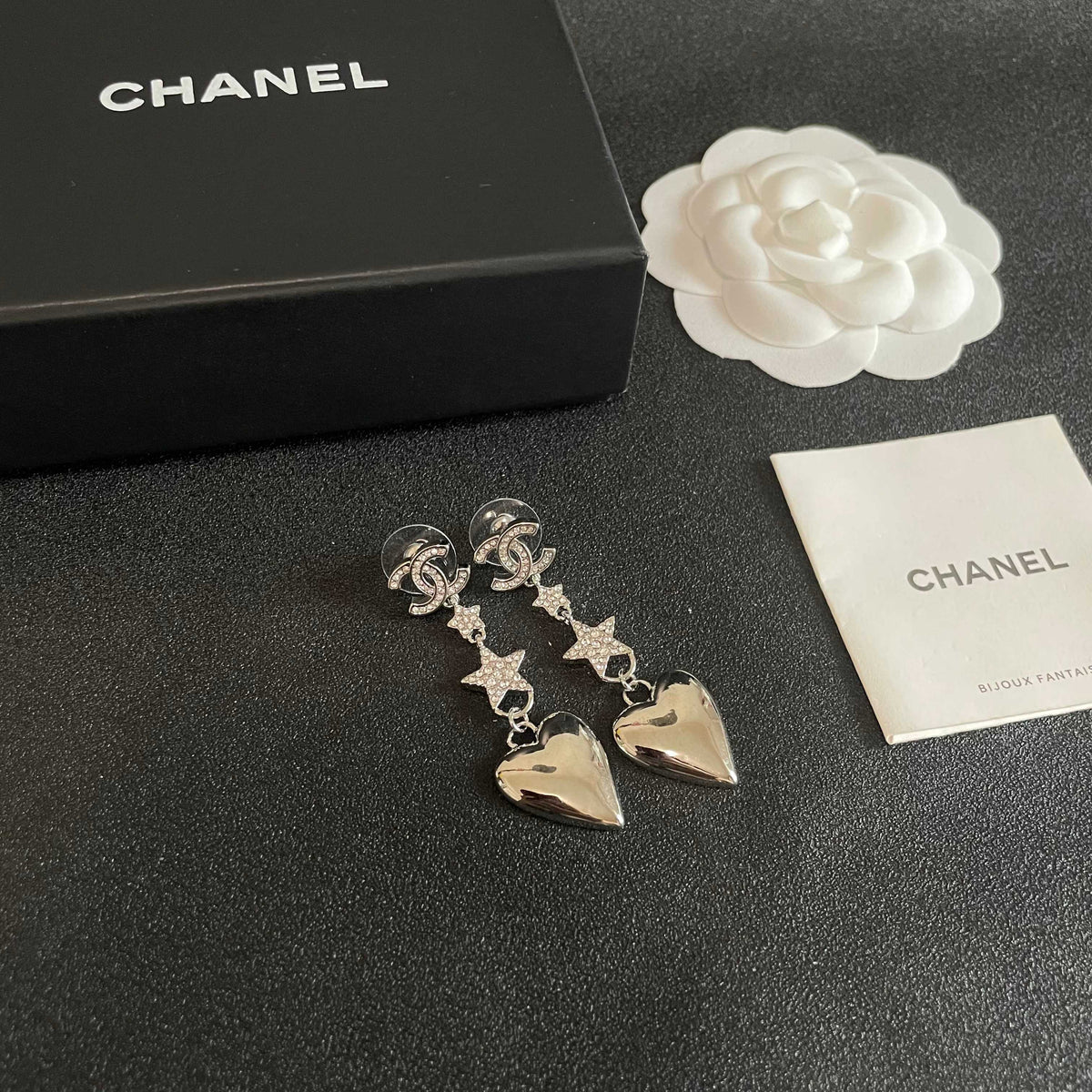 Double-C Emblem Statement Earrings in Polished Metal-Tone – Heart Detail – Design 005 styled product view