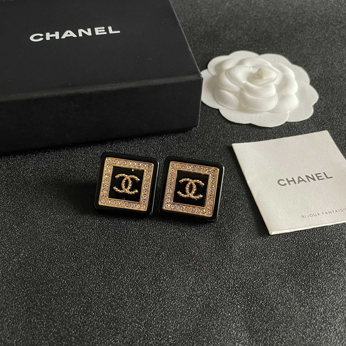 Double-C Emblem Stud Earrings in Polished Metal-Tone – Design 304 styled product view