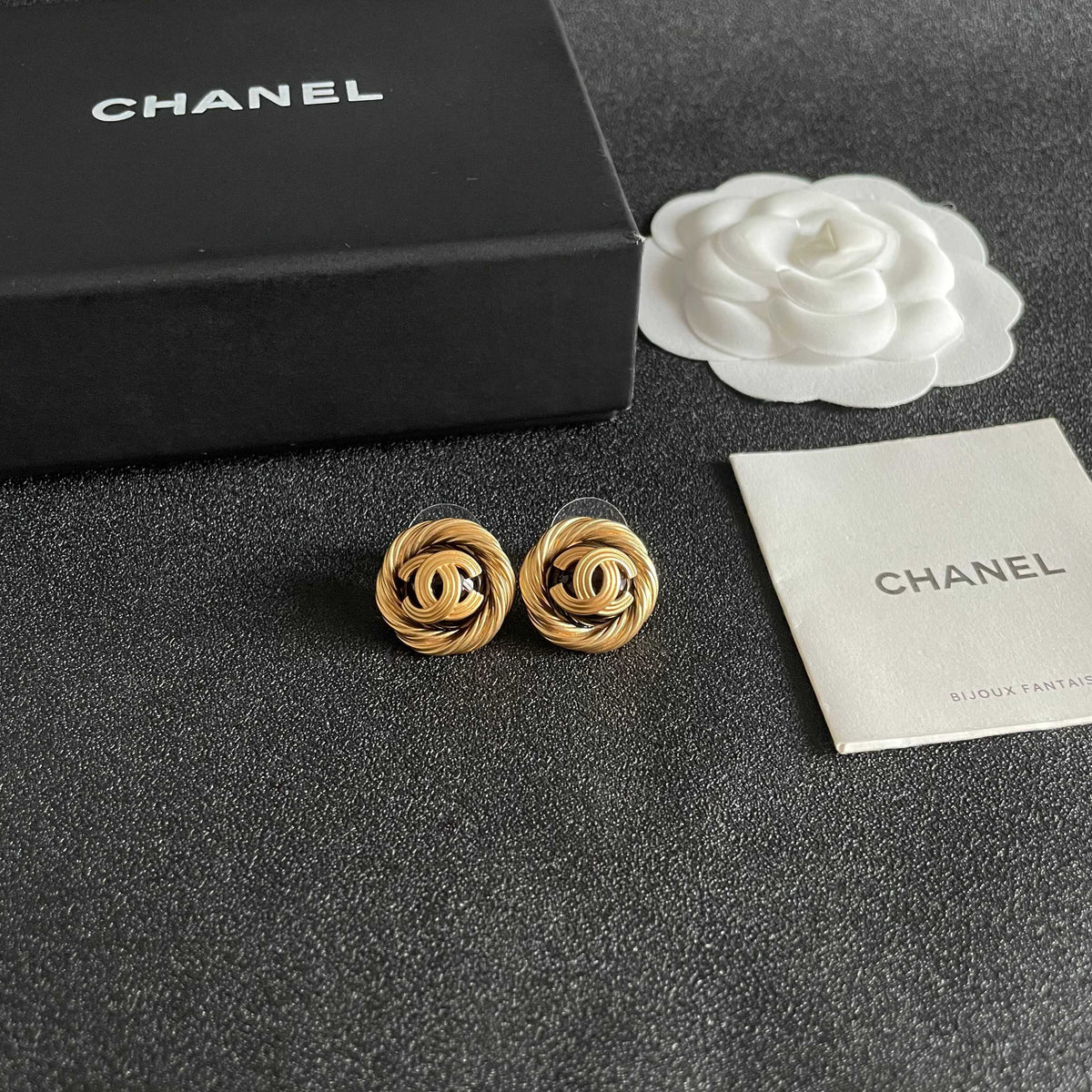 Double-C Emblem Stud Earrings in Polished Metal-Tone – Design 387 styled product view