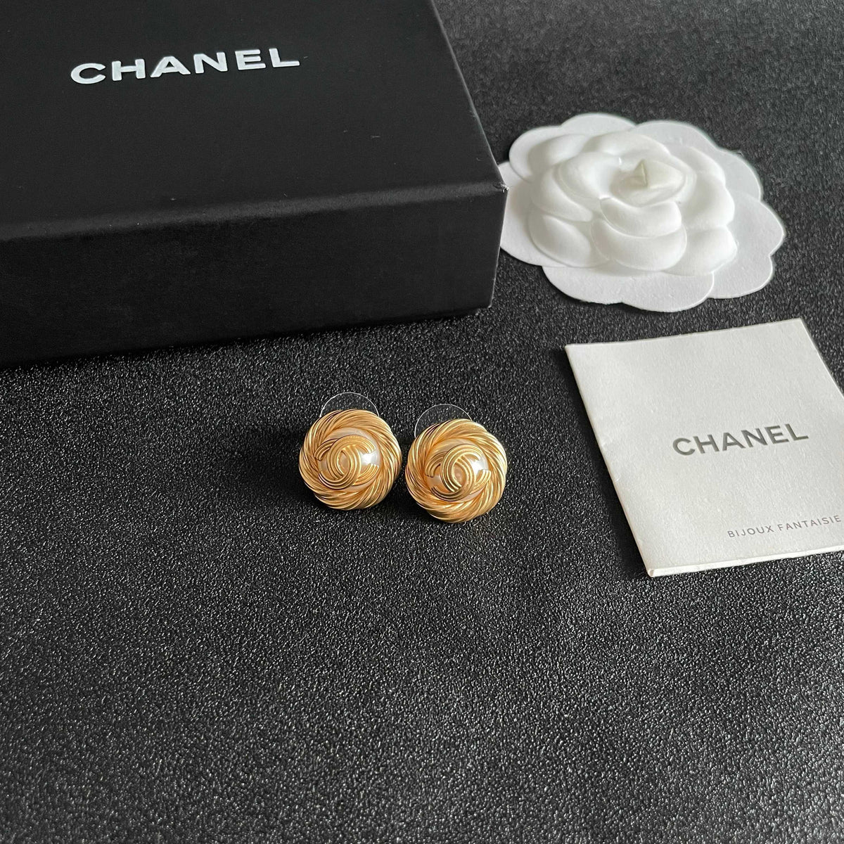 Double-C Emblem Stud Earrings in Polished Metal-Tone – Design 302 styled product view