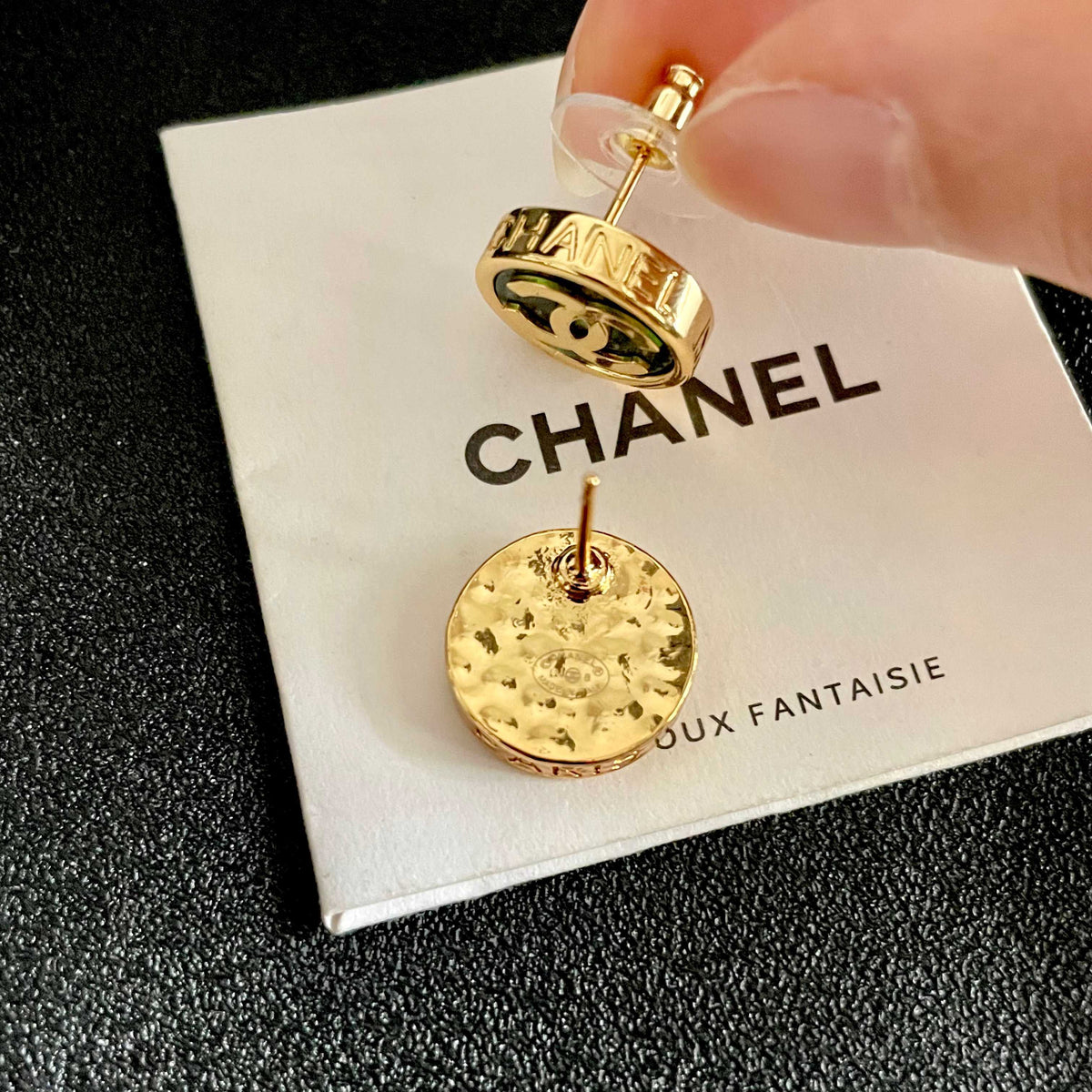Double-C Emblem Stud Earrings in Polished Metal-Tone – Design 384 main product view