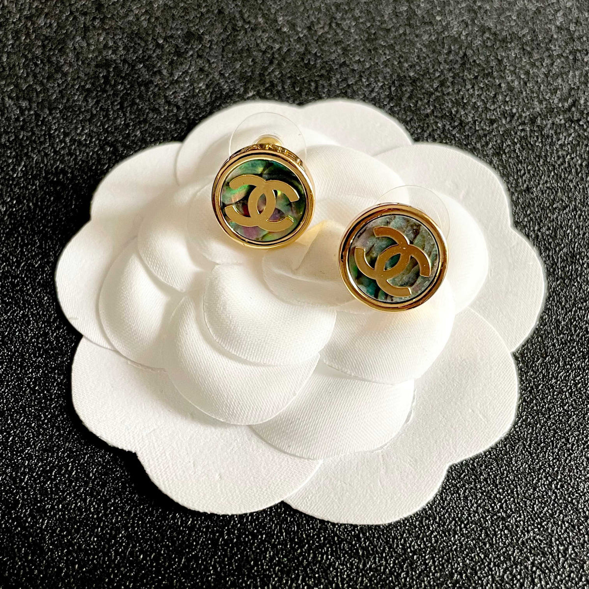 Double-C Emblem Stud Earrings in Polished Metal-Tone – Design 300 front product view