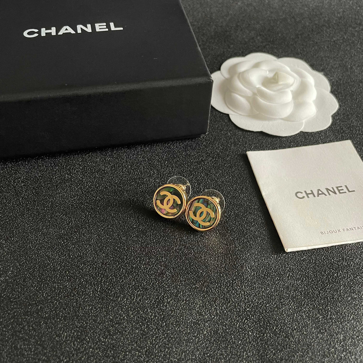 Double-C Emblem Stud Earrings in Polished Metal-Tone – Design 300 styled product view