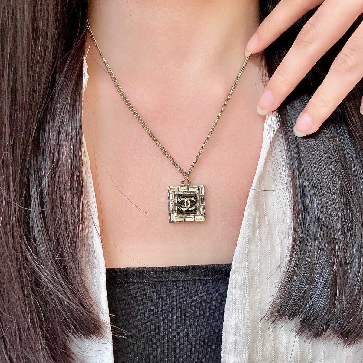Double-C Emblem Pendant Necklace in Polished Metal-Tone – Design 047 main product view