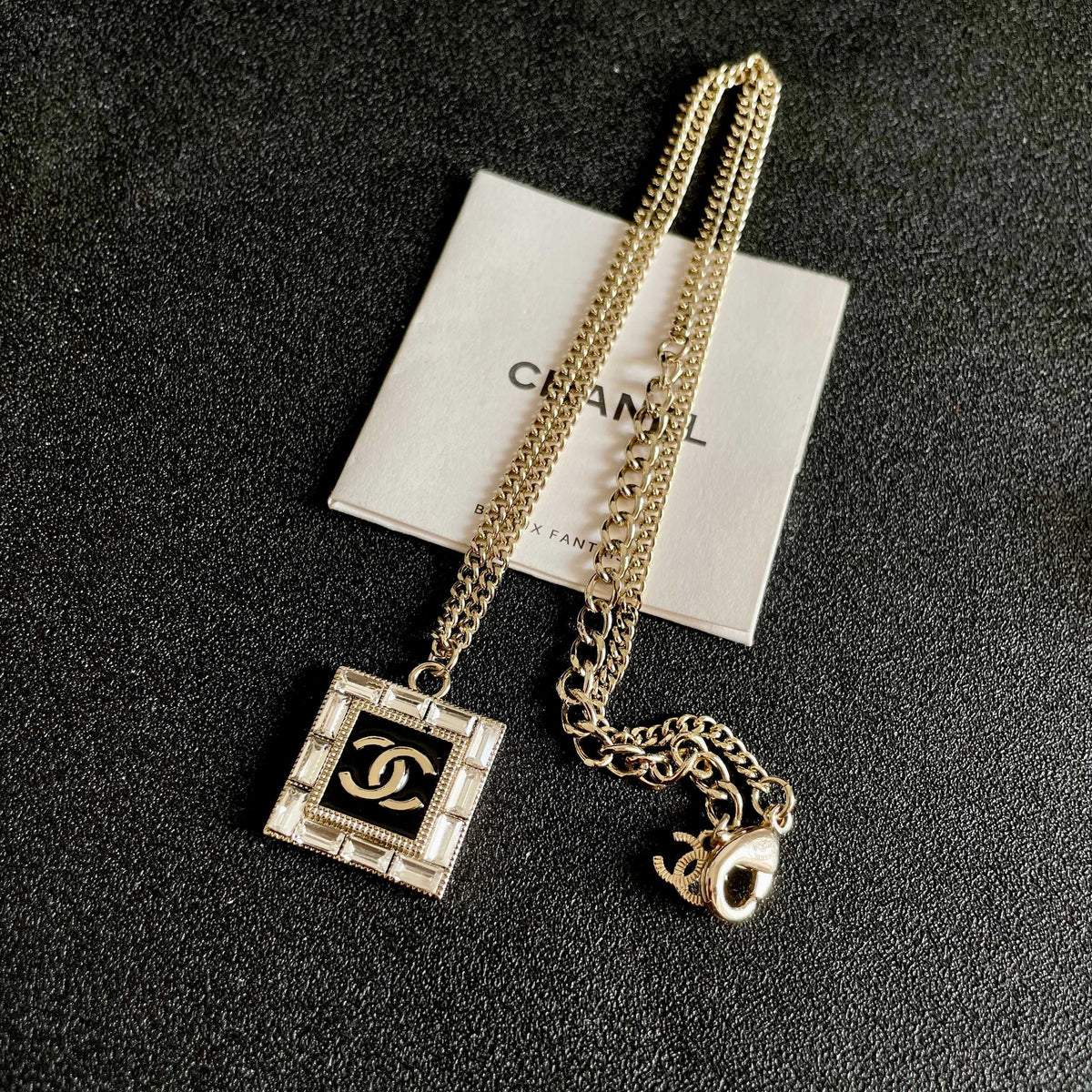 Double-C Emblem Pendant Necklace in Polished Metal-Tone – Design 047 detail view