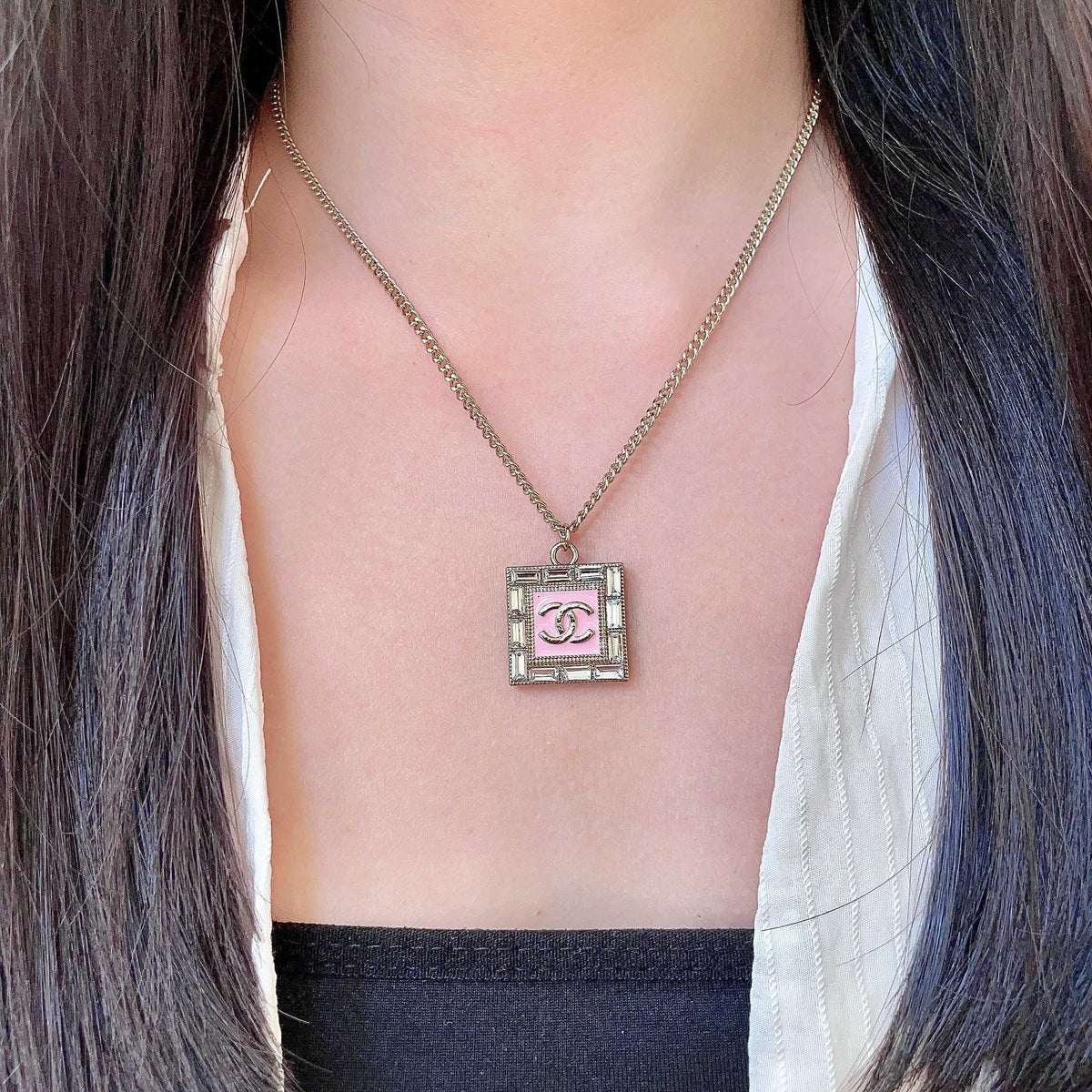 Double-C Emblem Pendant Necklace in Polished Metal-Tone – Design 046 detail view