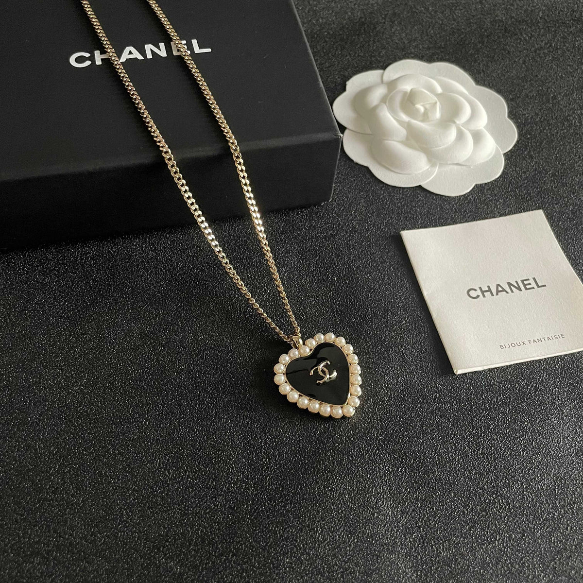 Double-C Emblem Pearl-Detail Pendant Necklace – Pearl Detail – Design 081 styled product view
