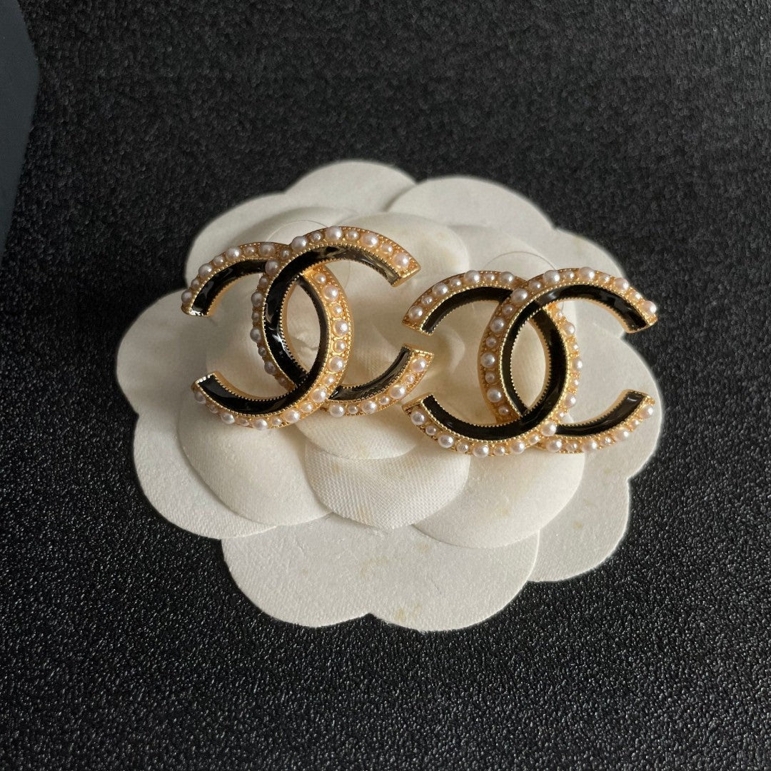 Double-C Emblem Pearl-Detail Stud Earrings – Pearl Detail – Design 031 front product view