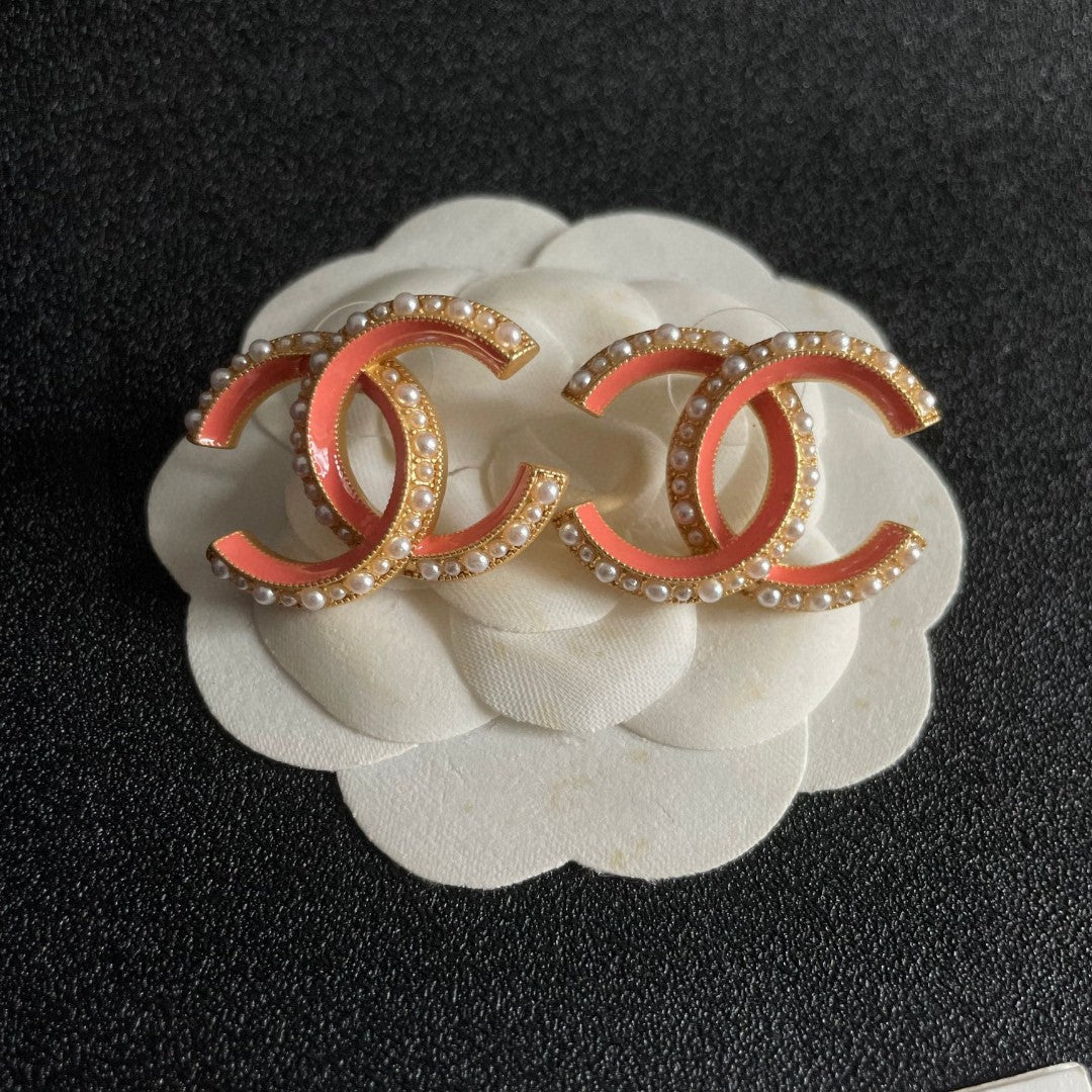 Double-C Emblem Pearl-Detail Stud Earrings – Pearl Detail – Design 030 front product view