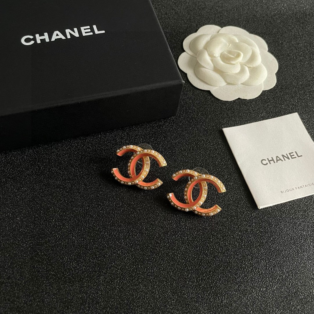 Double-C Emblem Pearl-Detail Stud Earrings – Pearl Detail – Design 002 styled product view