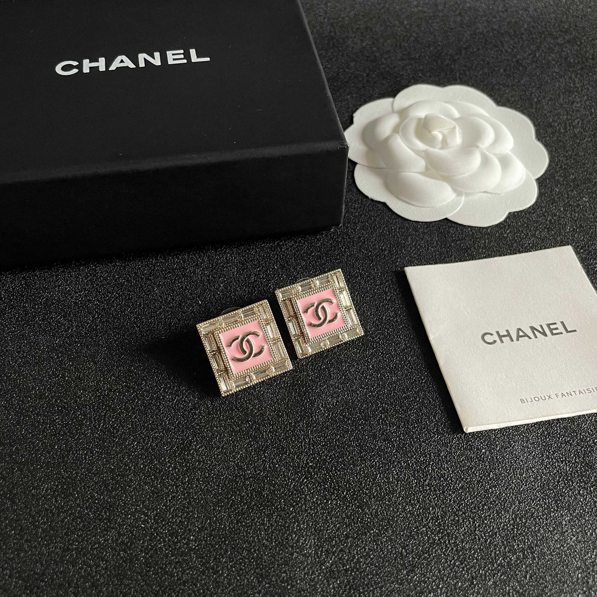 Double-C Emblem Stud Earrings in Polished Metal-Tone – Design 428 styled product view