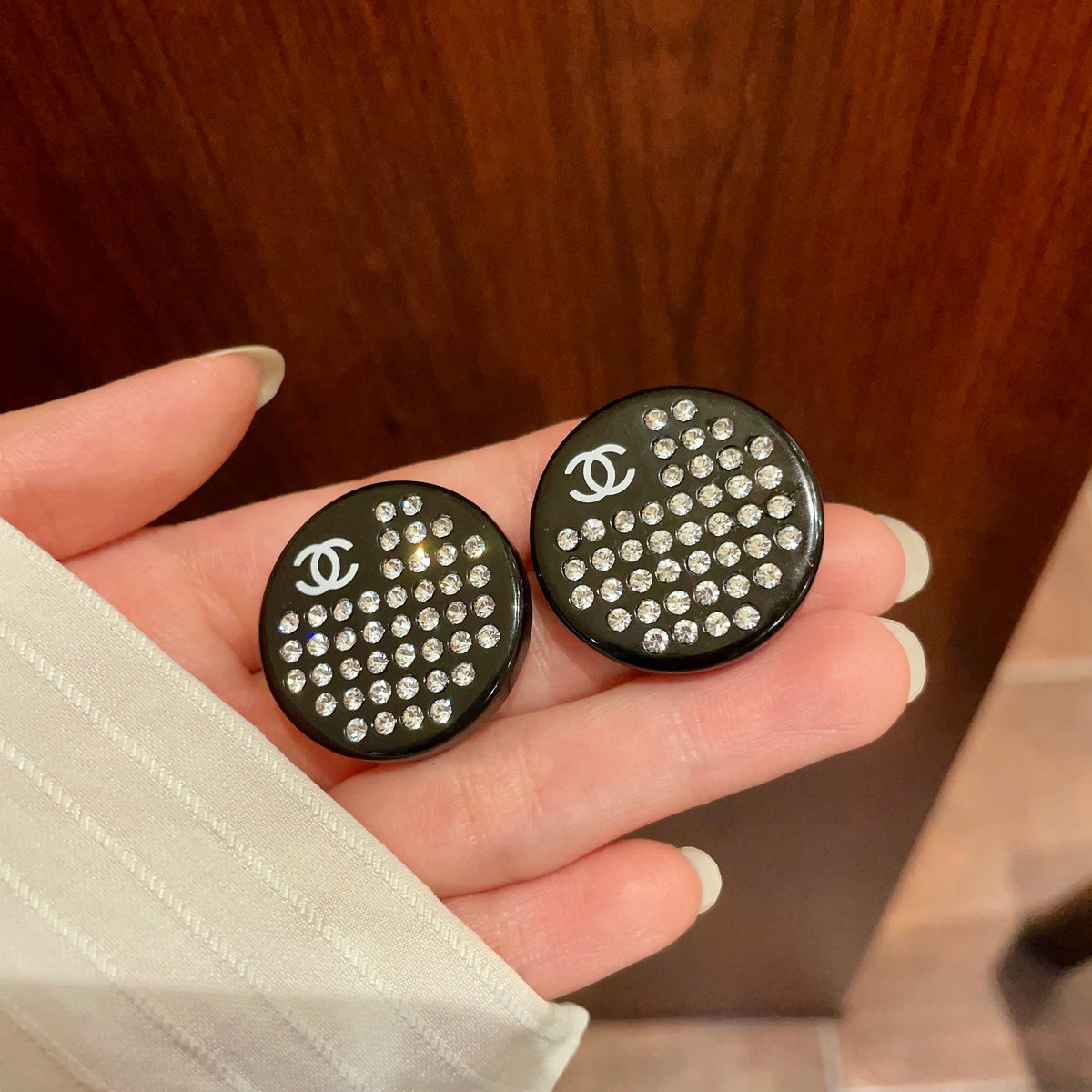 Double-C Emblem Crystal-Accent Stud Earrings – Design 061 side detail