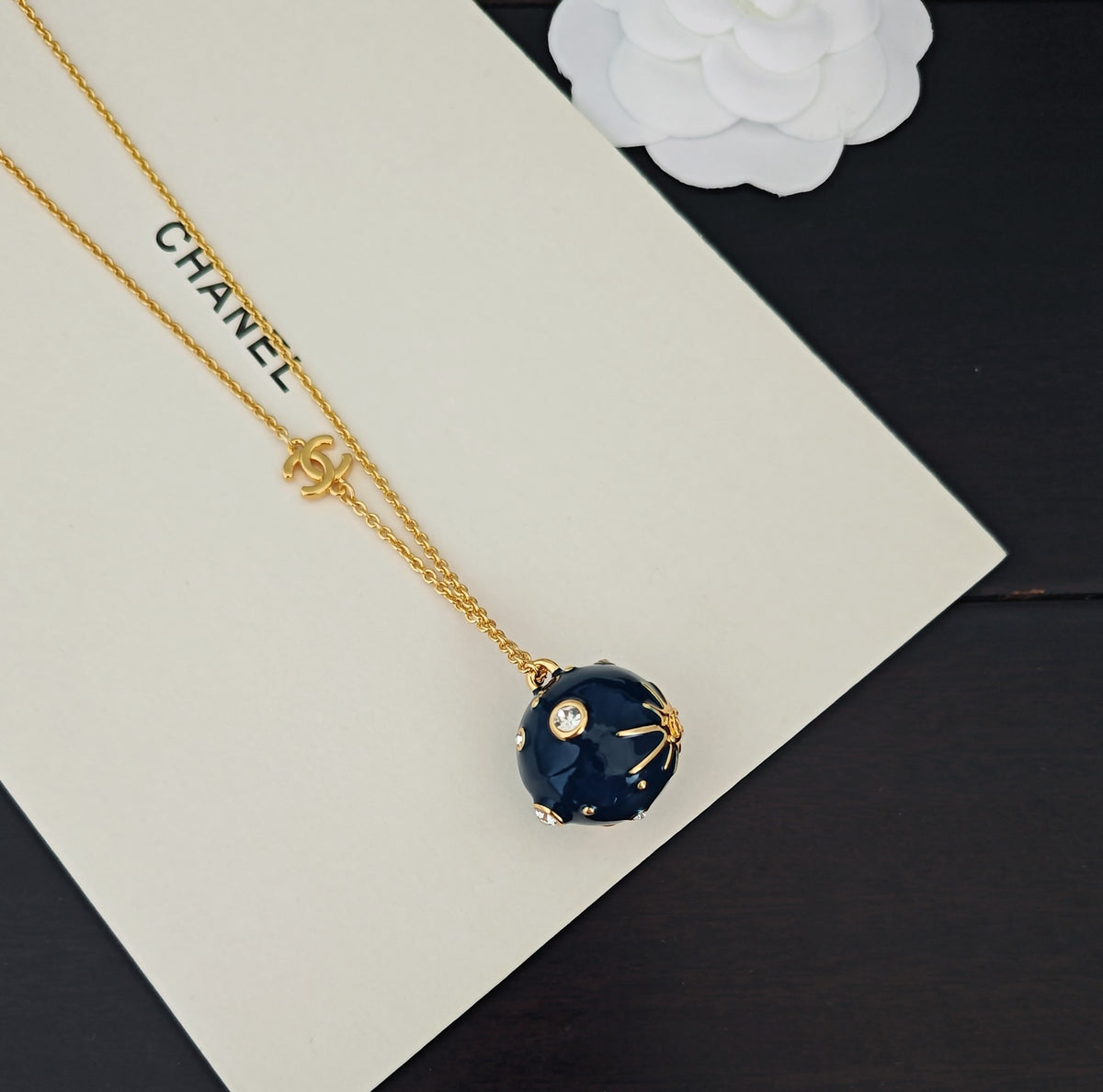 Signature Emblem Pendant Necklace in Gold-Tone – Blue Detail – Design 003 detail view