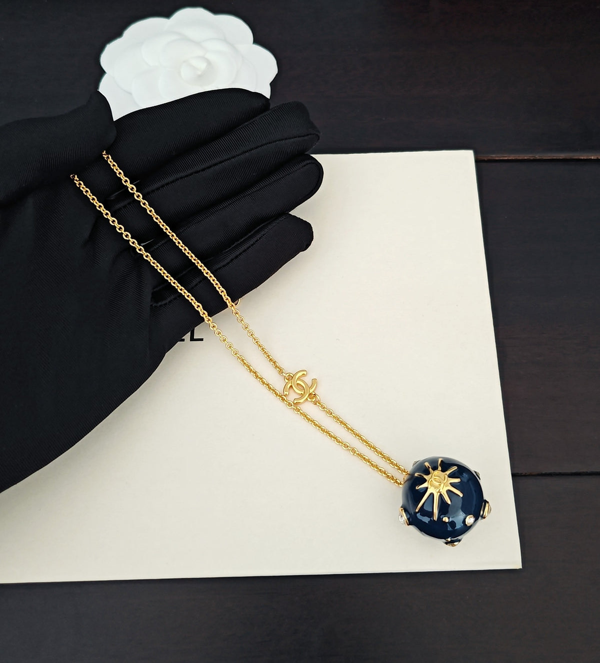 Signature Emblem Pendant Necklace in Gold-Tone – Blue Detail – Design 003 main product view