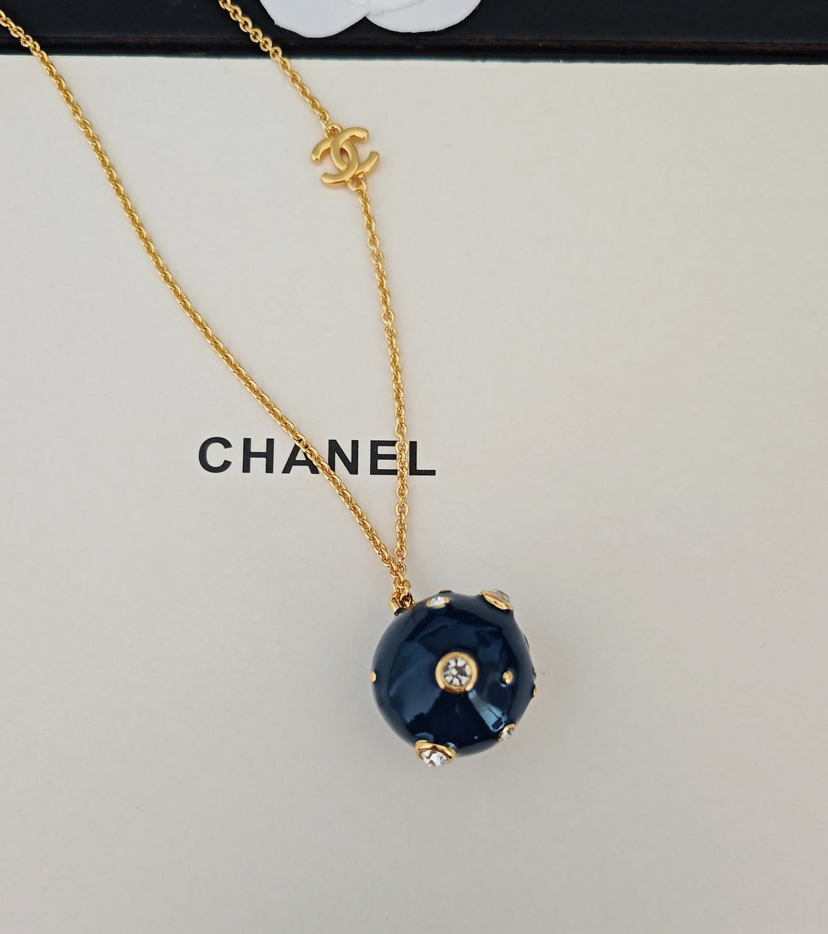 Signature Emblem Pendant Necklace in Gold-Tone – Blue Detail – Design 003 close-up detail