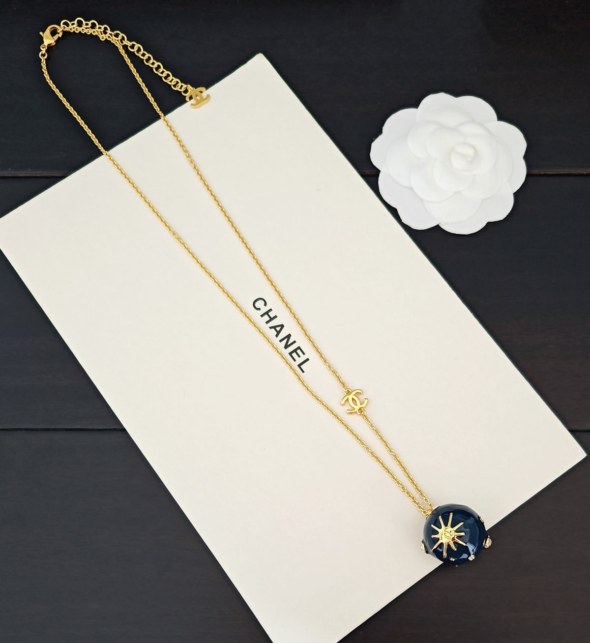 Signature Emblem Pendant Necklace in Gold-Tone – Blue Detail – Design 003 front product view