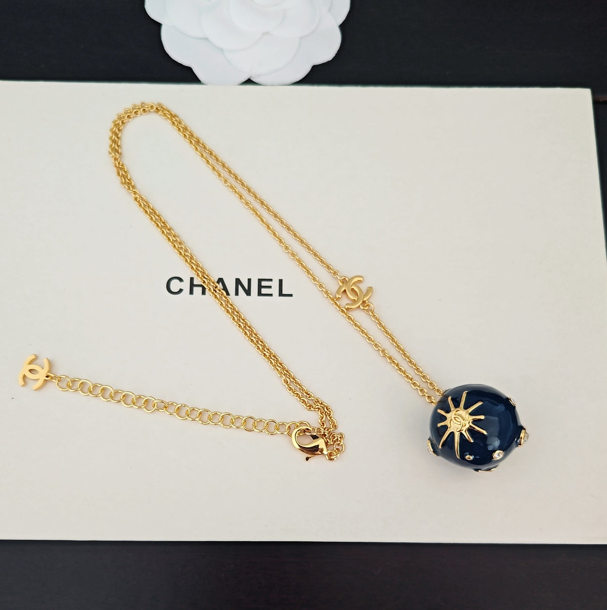 Signature Emblem Pendant Necklace in Gold-Tone – Blue Detail – Design 003 side detail