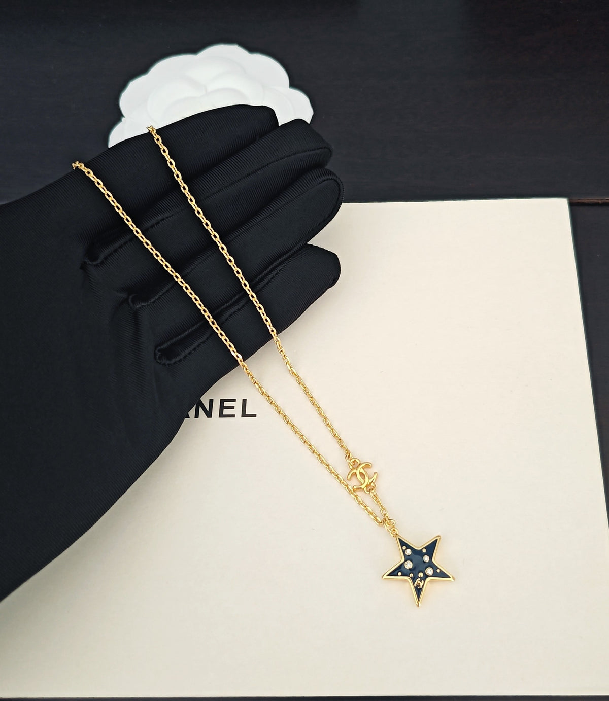 Signature Emblem Pendant Necklace in Gold-Tone – Blue Detail – Design 002 main product view
