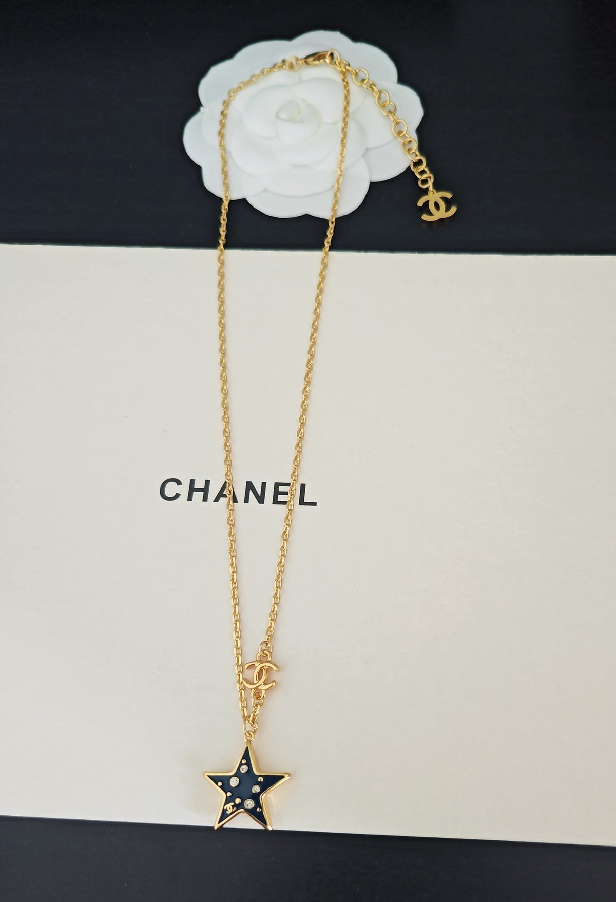 Signature Emblem Pendant Necklace in Gold-Tone – Blue Detail – Design 002 detail view