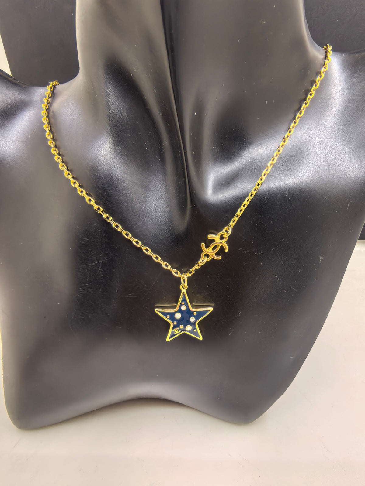 Signature Emblem Pendant Necklace in Gold-Tone – Blue Detail – Design 002 front product view