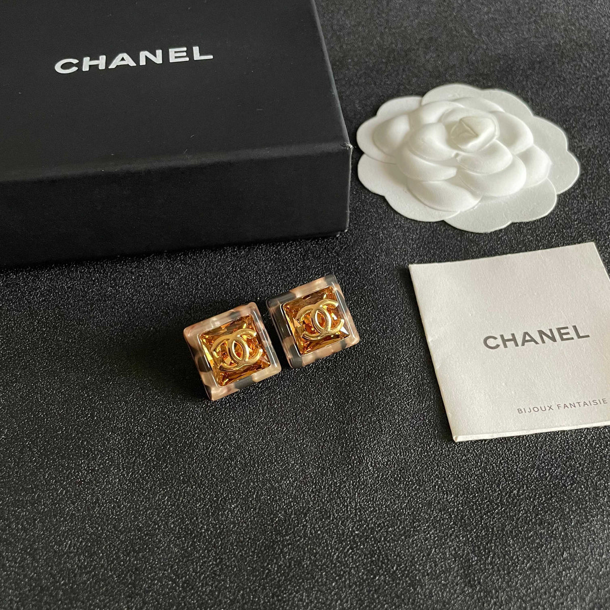 Double-C Emblem Stud Earrings in Polished Metal-Tone – Design 446 styled product view