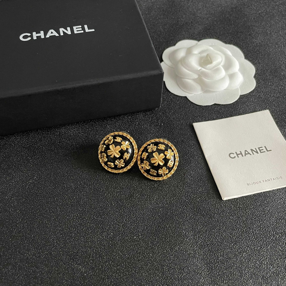 Camellia Stud Earrings in Polished Metal-Tone – Camellia Detail – Design 057 styled product view