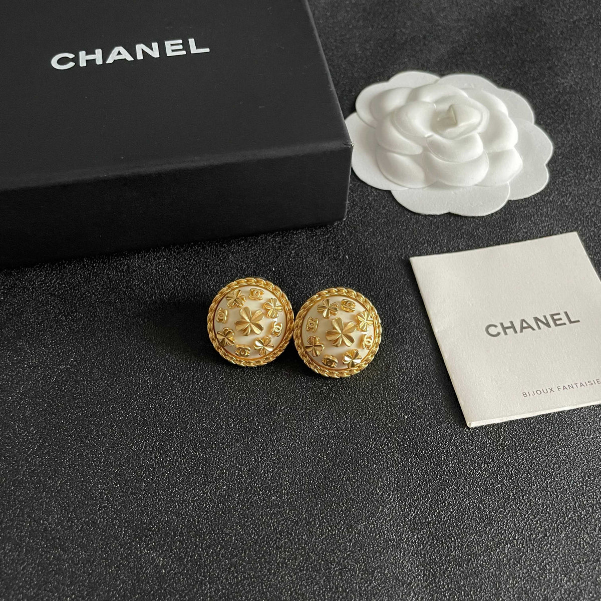 Camellia Stud Earrings in Polished Metal-Tone – Camellia Detail – Design 018 styled product view