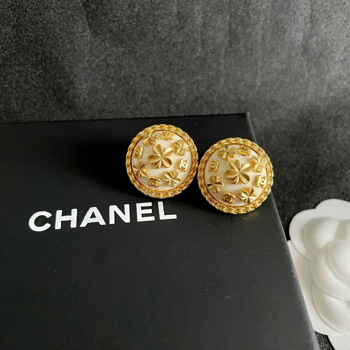 Camellia Stud Earrings in Polished Metal-Tone – Camellia Detail – Design 018 detail view