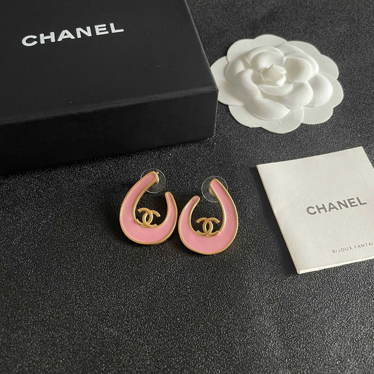 Double-C Emblem Stud Earrings in Polished Metal-Tone – Design 421 styled product view