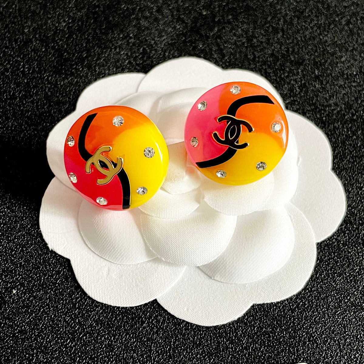 Double-C Emblem Stud Earrings in Polished Metal-Tone – Design 459 front product view
