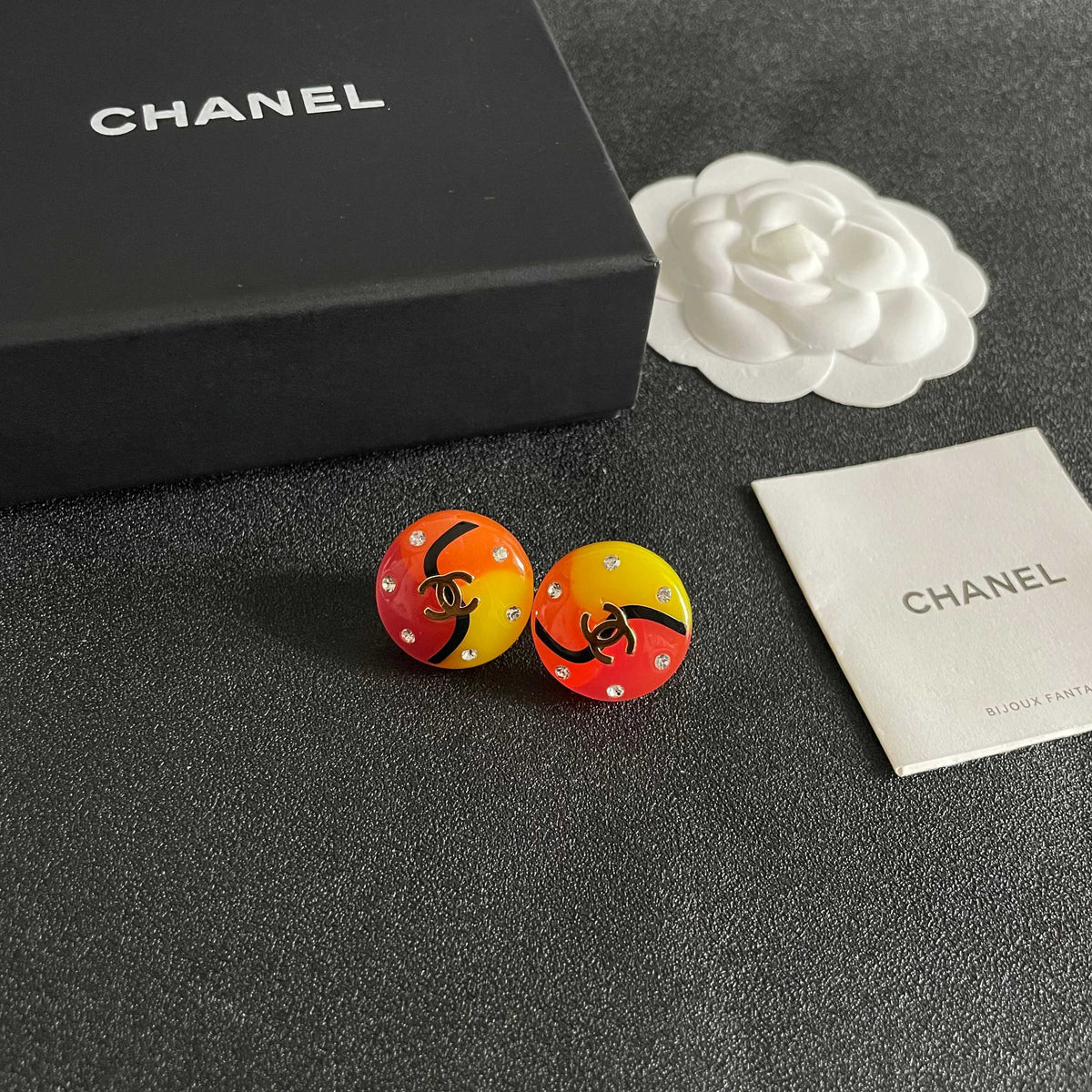 Double-C Emblem Stud Earrings in Polished Metal-Tone – Design 419 styled product view