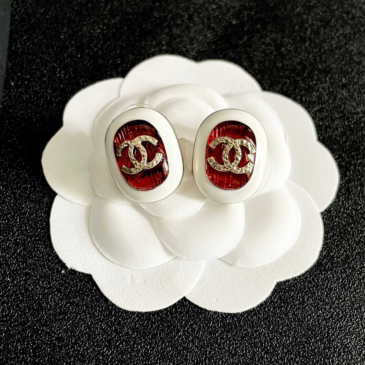 Double-C Emblem Stud Earrings in Polished Metal-Tone – Design 417 front product view