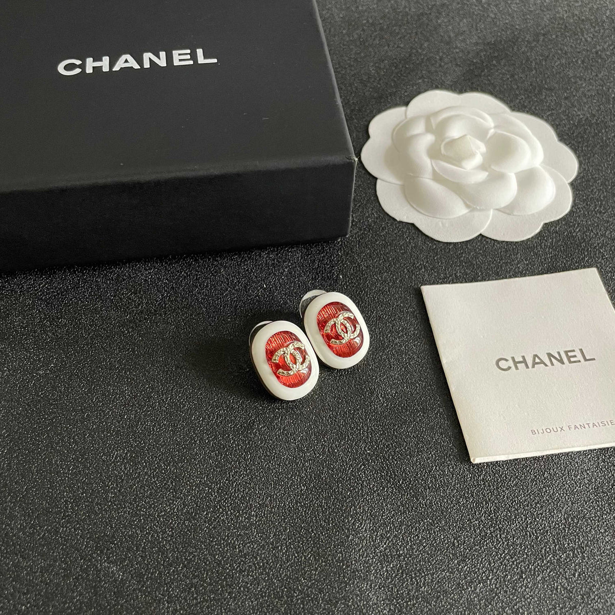 Double-C Emblem Stud Earrings in Polished Metal-Tone – Design 457 styled product view