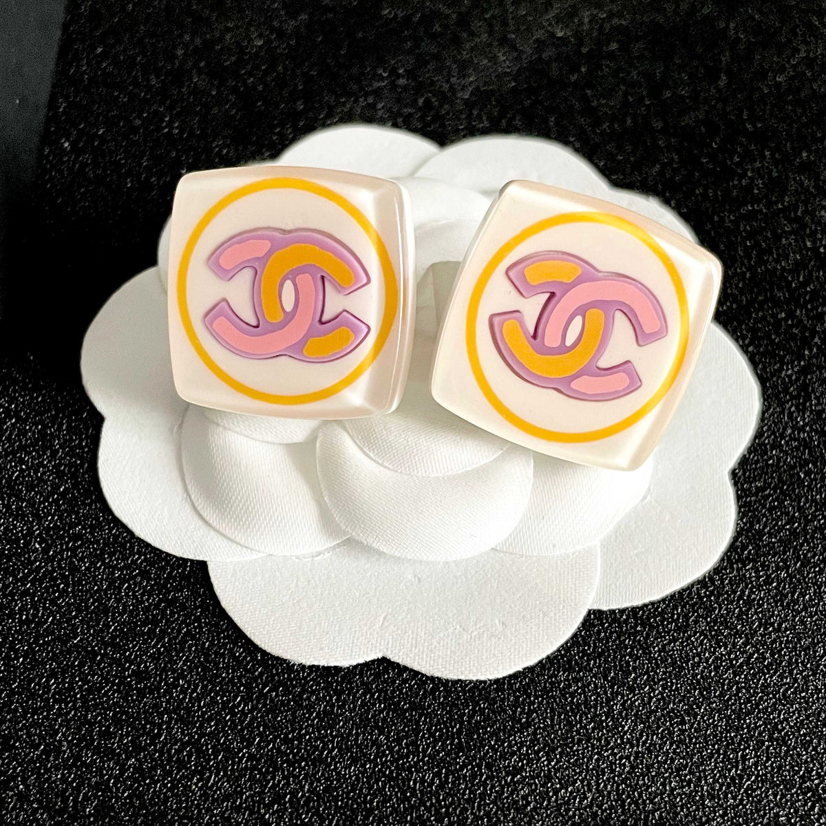 Double-C Emblem Stud Earrings in Polished Metal-Tone – Design 456 front product view