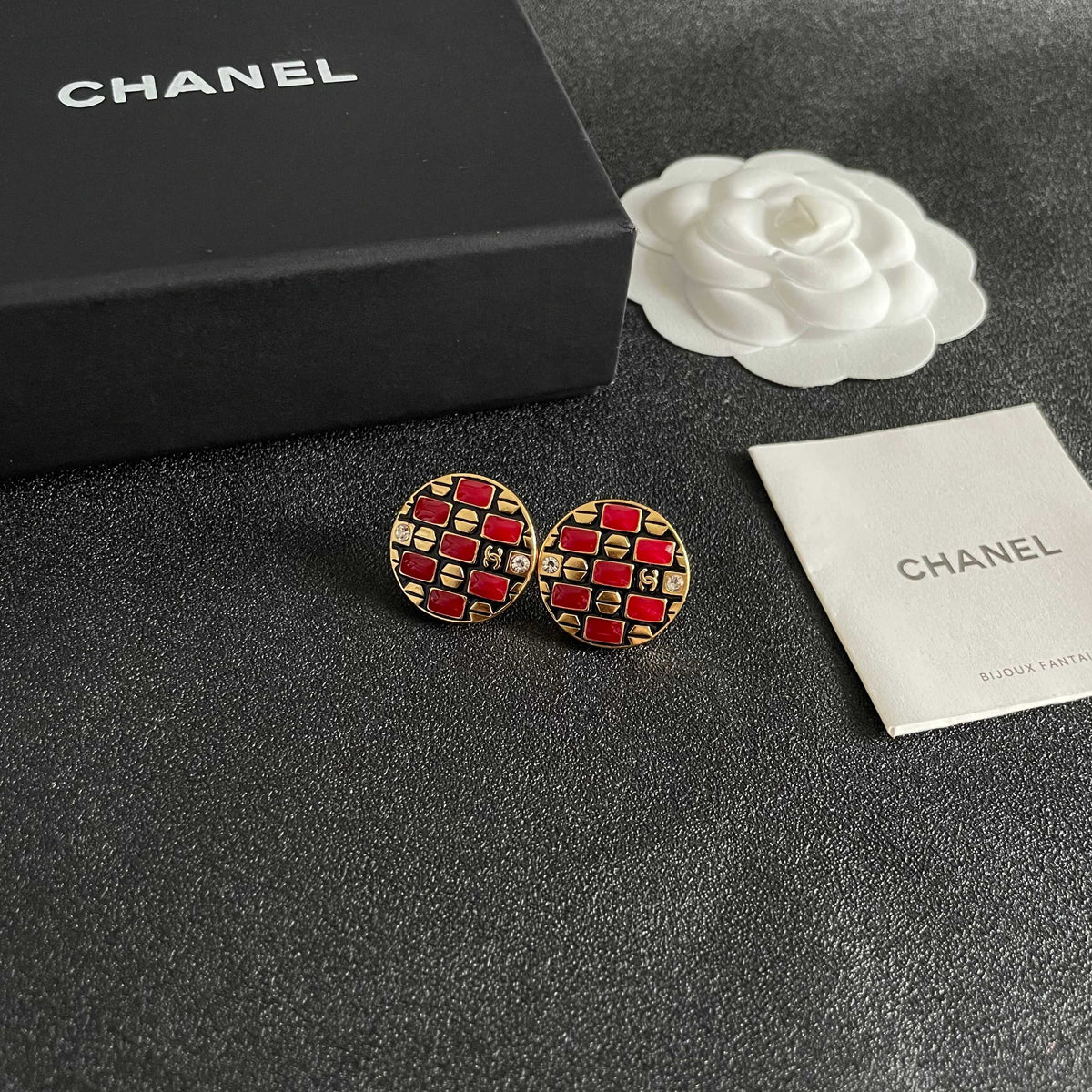 Double-C Emblem Stud Earrings in Polished Metal-Tone – Design 415 styled product view