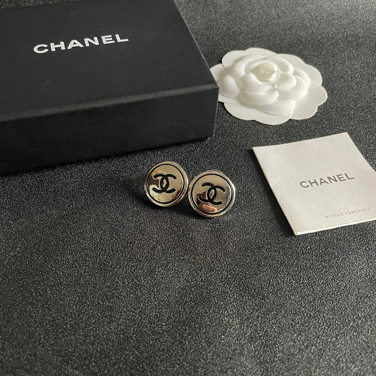 Double-C Emblem Stud Earrings in Polished Metal-Tone – Design 413 styled product view