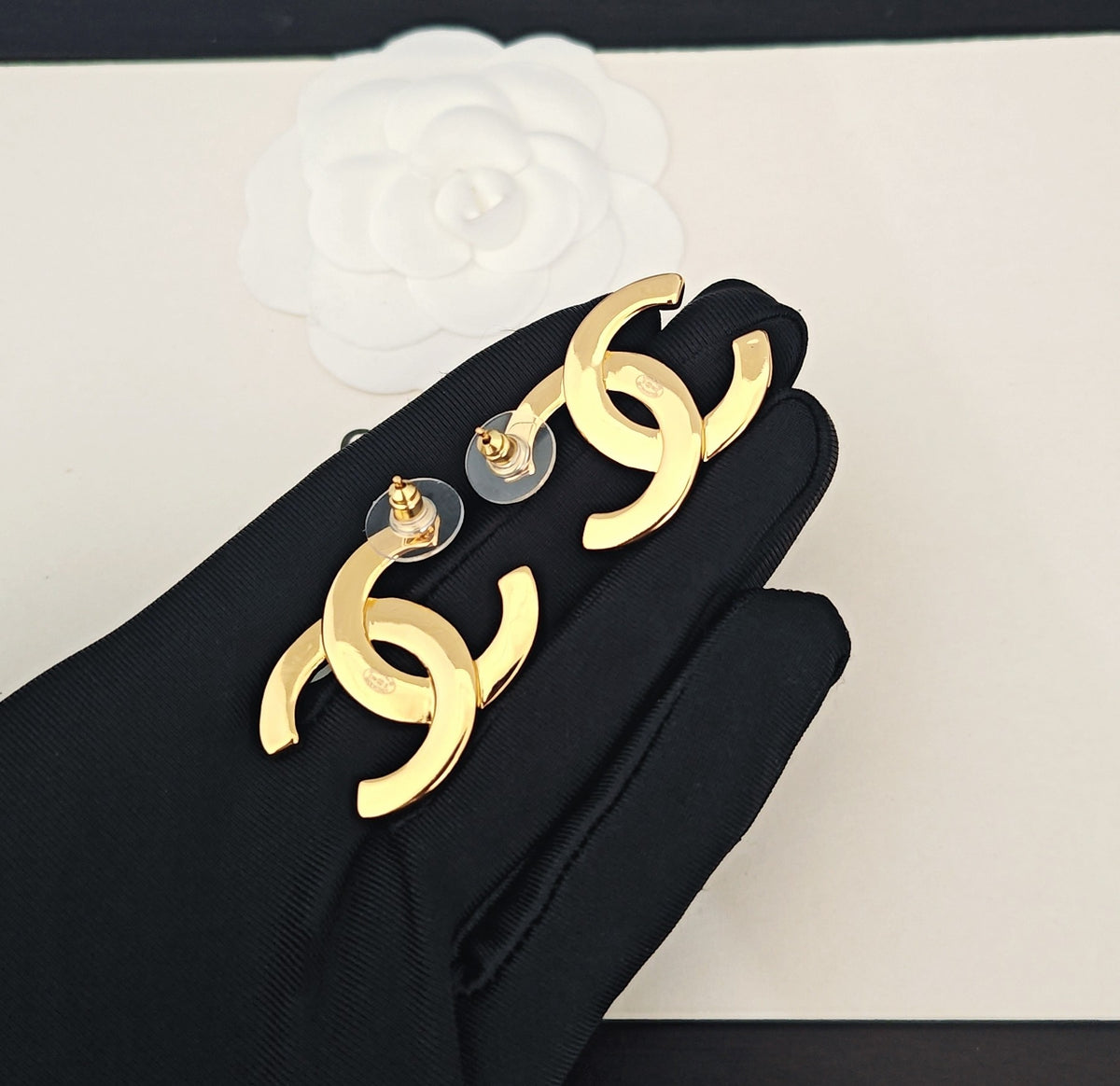 Signature Emblem Stud Earrings in Gold-Tone – Design 073 styled product view
