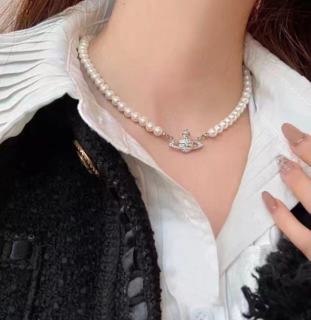 Orb Pendant Necklace in Polished Metal-Tone – Pearl Detail – Design 023 close-up detail