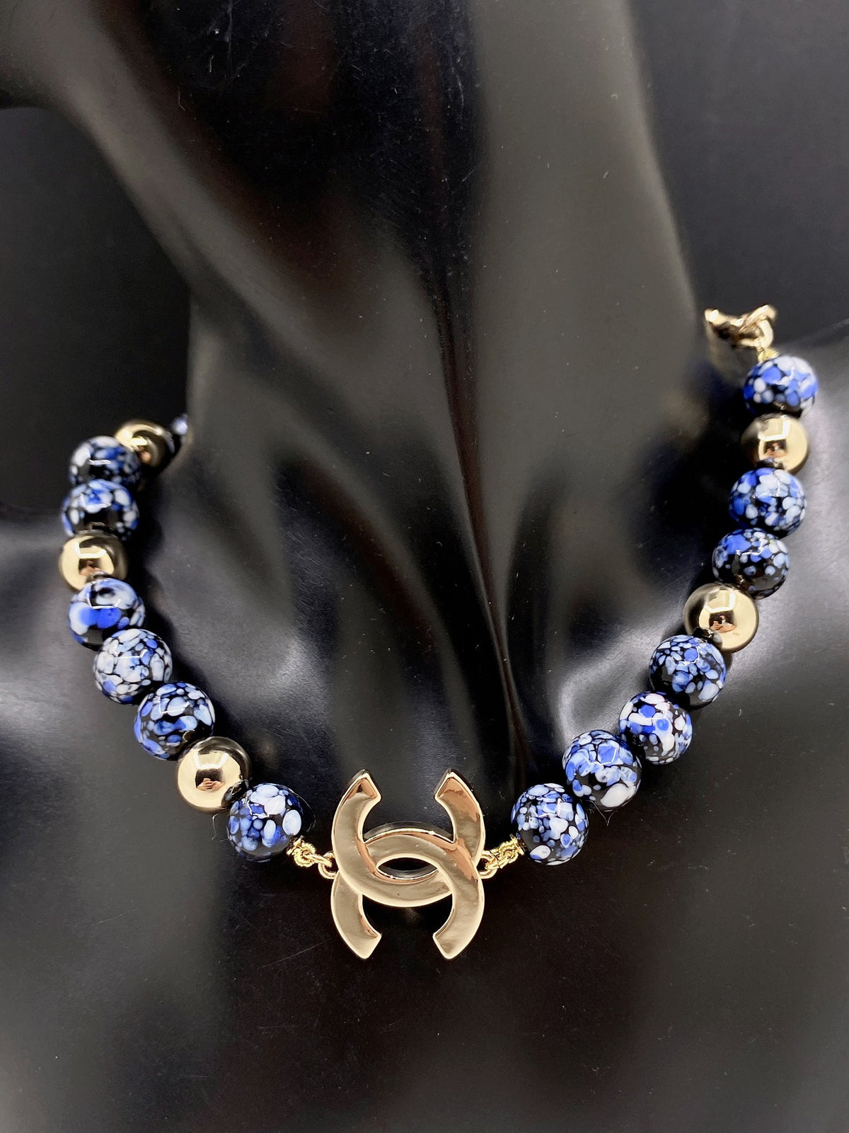 Signature Emblem Pendant Necklace in Gold-Tone – Blue Detail – Design 004 front product view