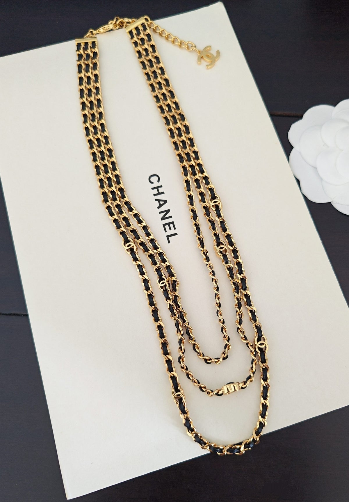 Signature Emblem Pendant Necklace in Gold-Tone – Black Detail – Design 019 front product view