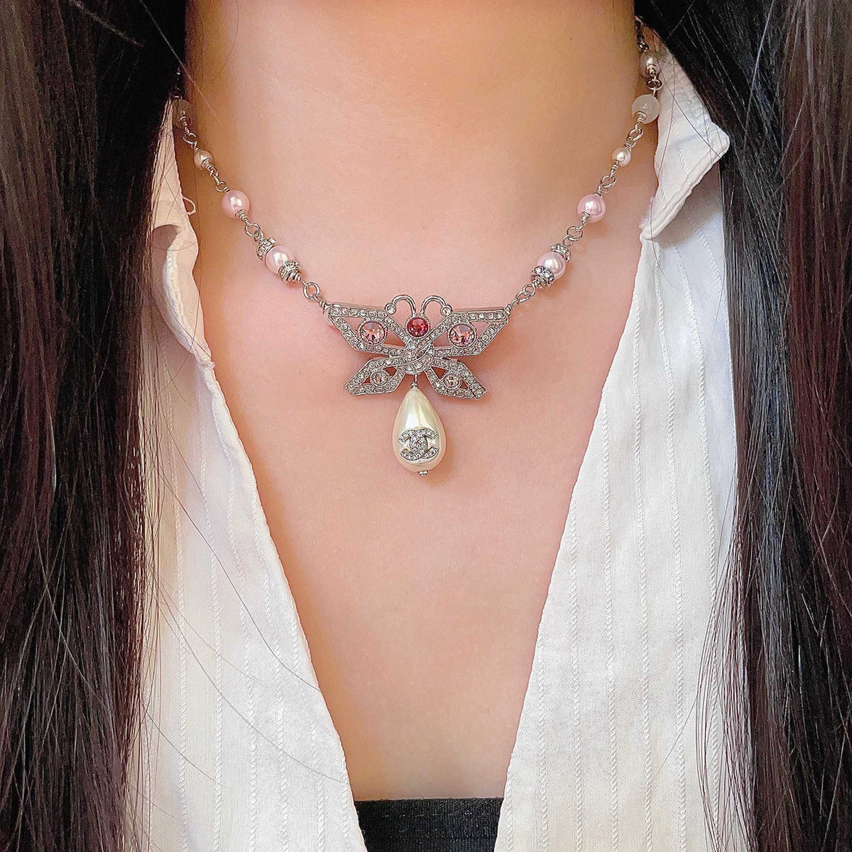 Double-C Emblem Pearl-Detail Pendant Necklace – Pearl Detail – Design 133 detail view